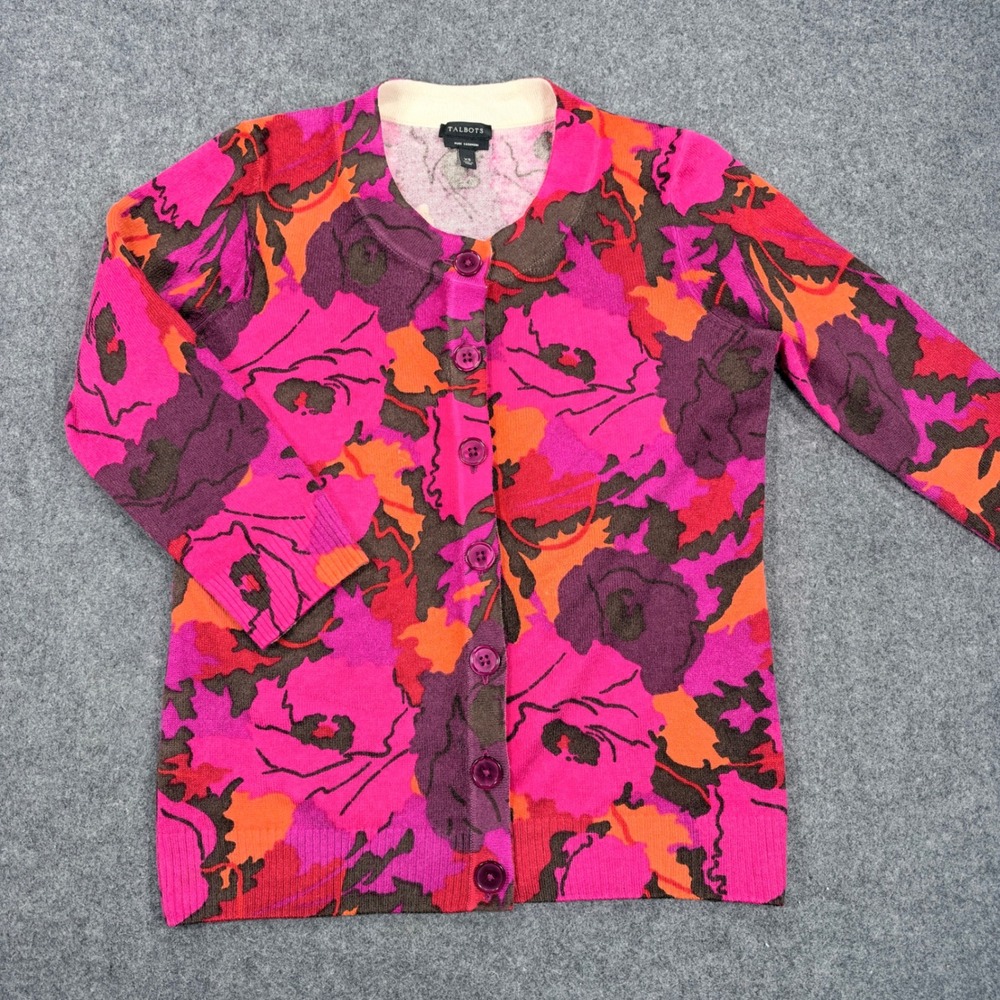 Talbots Pure Cashmere Floral Cardigan Pink Orange Purple XS 3/4 Sleeve Sweater